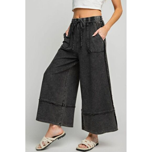 easel Pants - Easel Let's Chill Comfy Wide Leg Pants in Black EB40797